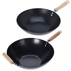 Foto van Excellent houseware wok/hapjes/bak pannen - 2x stuks - met antiaanbaklaag - staal - d30 en d35 cm - steelpannen