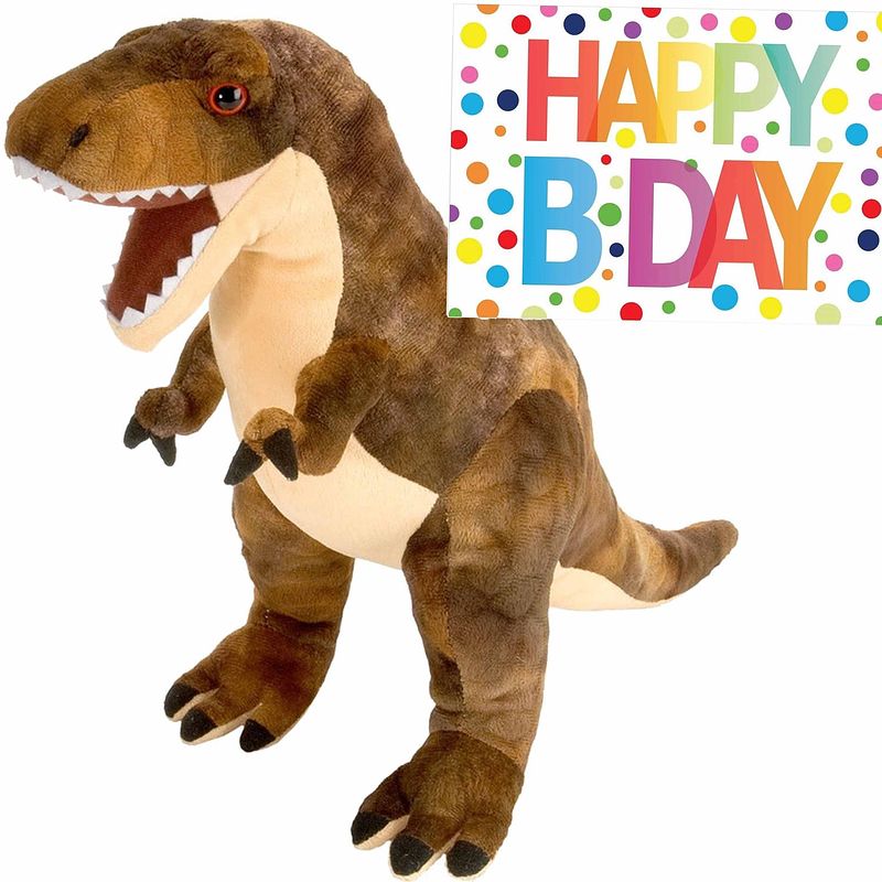 Foto van Pluche knuffel dino t-rex van 25 cm met a5-size happy birthday wenskaart - knuffeldier