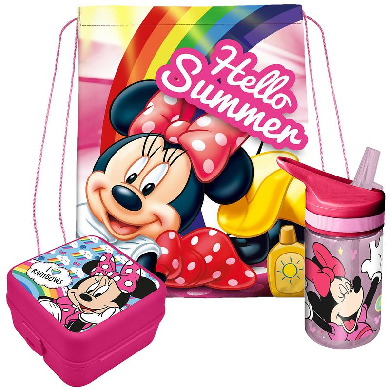 Foto van Disney minnie mouse lunchbox set voor kinderen - 3-delig - roze - incl. gymtas/schooltas - lunchboxen