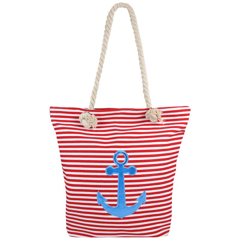 Foto van Strandtas strepen rood/wit met anker 34 x 37 cm - strandtassen