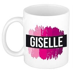 Foto van Naam cadeau mok / beker giselle met roze verfstrepen 300 ml - naam mokken