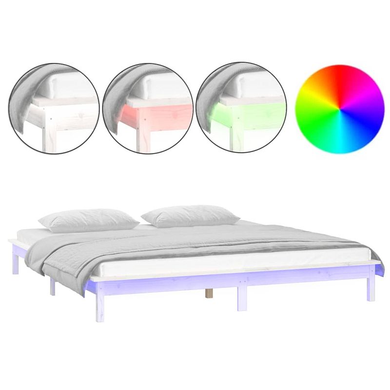 Foto van The living store houten bedframe - led-verlichting - 202 x 151.5 x 26 cm - massief grenenhout