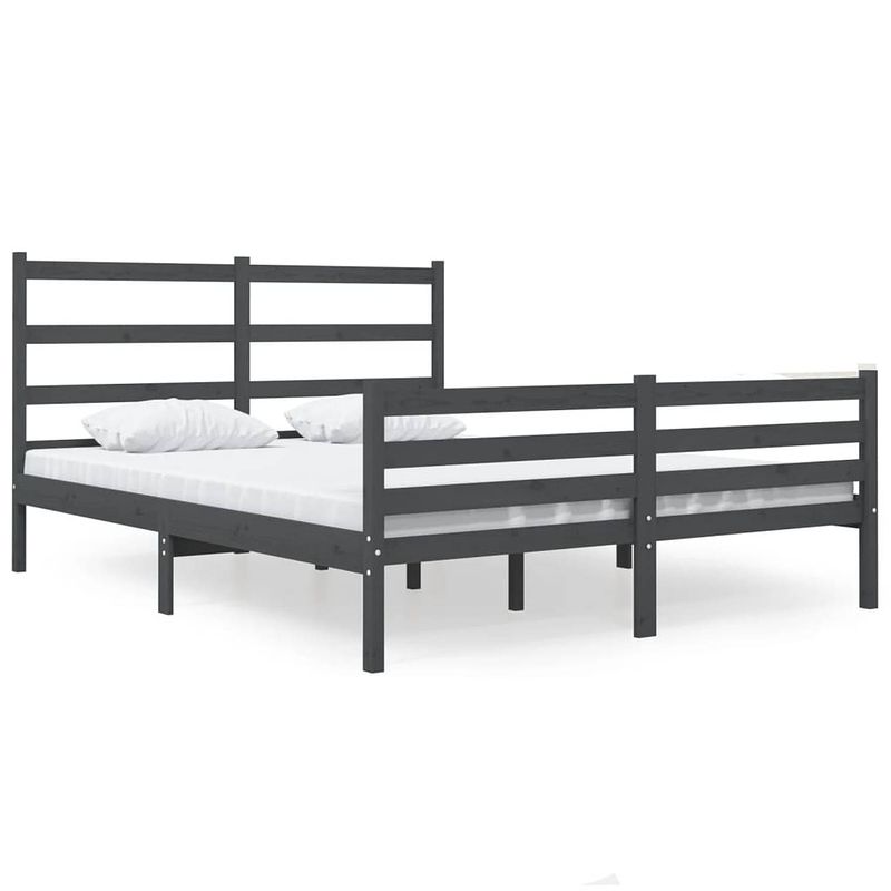 Foto van The living store houten bedframe - grijs - 205.5 x 156 x 100 cm - massief grenenhout