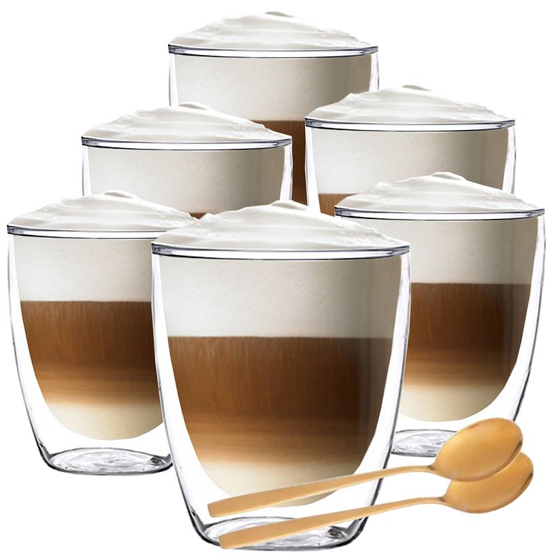 Foto van Luxe dubbelwandige theeglazen - cappuccino glazen - koffieglas dubbelwandig - met lepel - 300 ml - set van 6