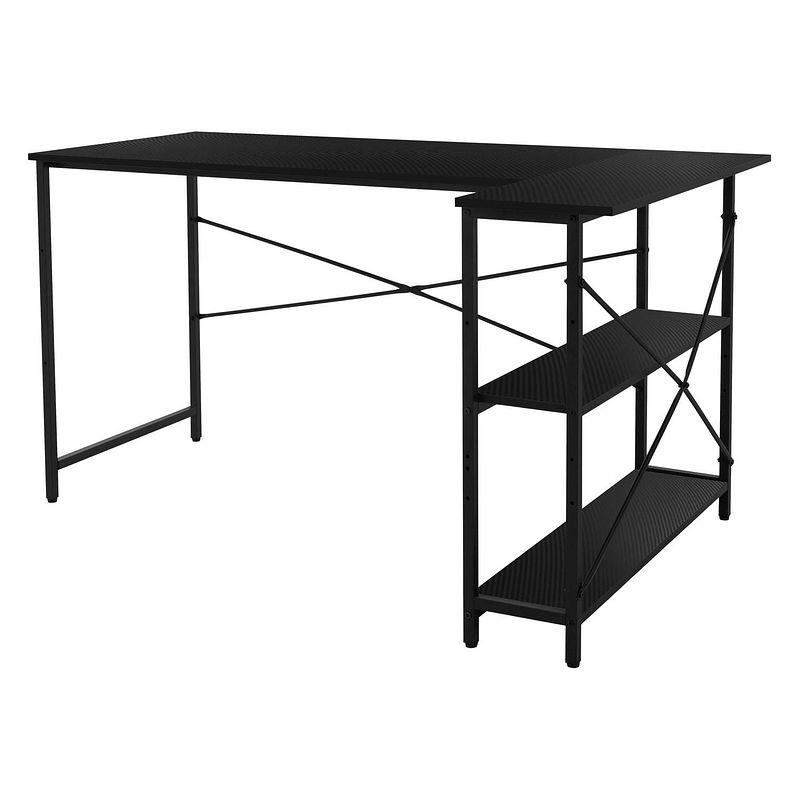 Foto van L-vormig bureau aan beide zijden monteerbaar 140x89x75 cm carbon met legplank ml design