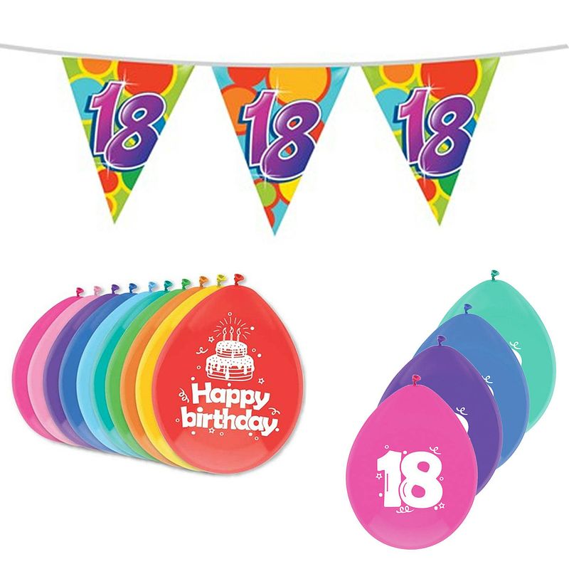 Foto van Leeftijd verjaardag thema 18 jaar pakket ballonnen/vlaggetjes - feestpakketten