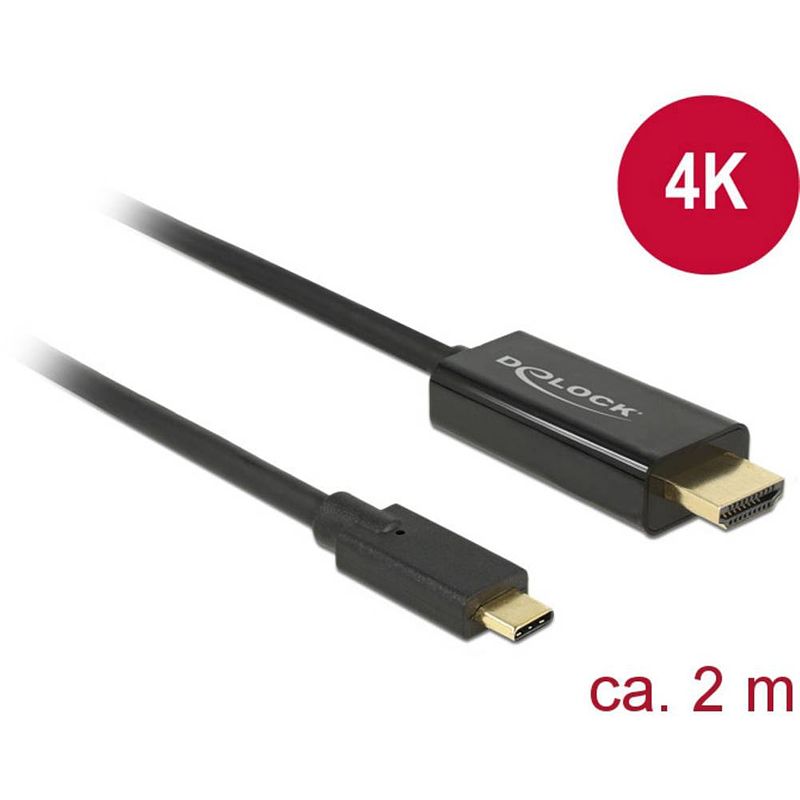 Foto van Delock usb-c® / hdmi adapterkabel usb-c® stekker, hdmi-a stekker 2.00 m zwart 85259 vergulde steekcontacten usb-c®-displaykabel