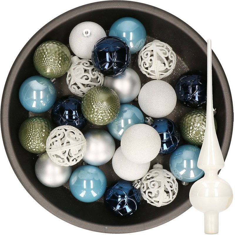 Foto van 37x stuks kunststof kerstballen 6 cm incl. glazen piek blauw-wit-zilver-groen - kerstbal