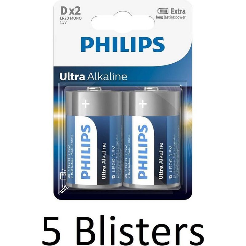 Foto van 10 stuks (5 blisters a 2 st) philips ultra alkaline d cell batterijen