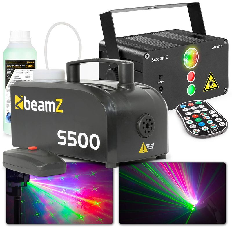 Foto van Party laser met rookmachine - beamz athena accu laser rood/groen met led