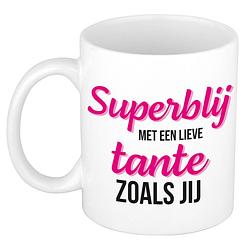 Foto van Super blij met een lieve tante zoals jij cadeau mok / beker wit 300 ml - cadeau mokken - feest mokken