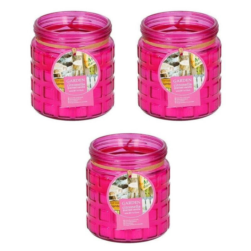 Foto van 3x stuks citronella kaarsen tegen insecten in glazen pot 12 cm fuchsia roze - geurkaarsen