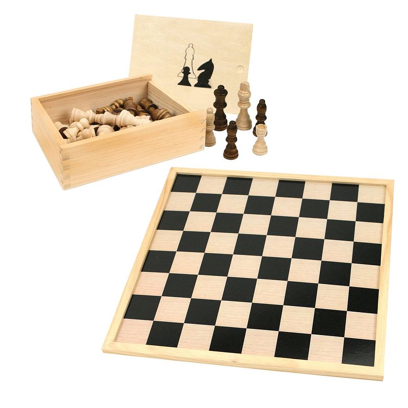 Foto van Schaakbord/dambord van hout 40 x 40 cm met schaakstukken in opbergkistje - bordspellen