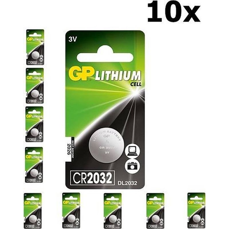 Foto van 10 stuks (10 blister a 1st) gp cr2032 210mah 3v lithium batterij