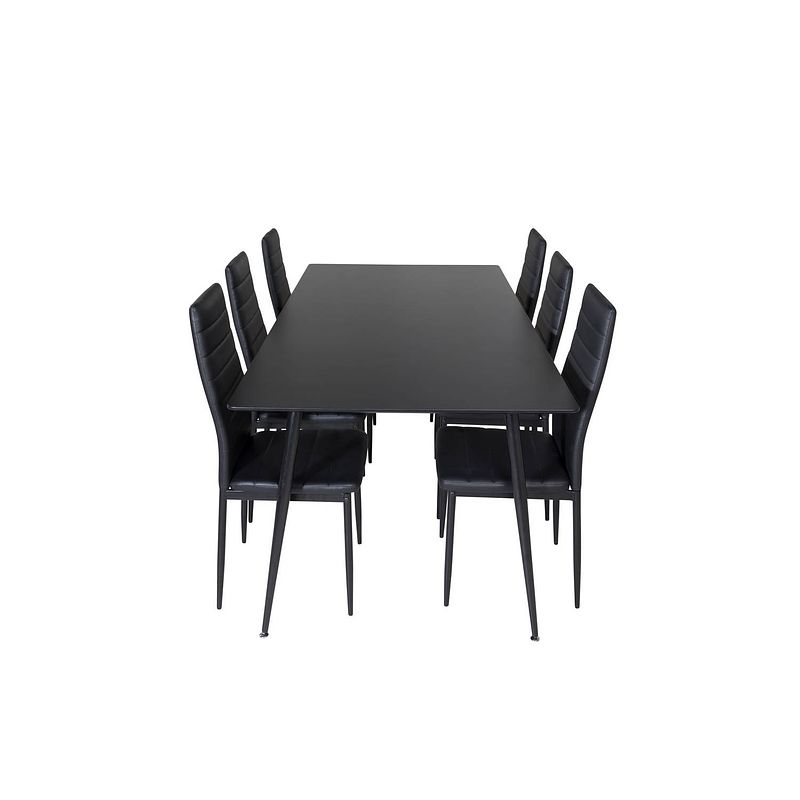 Foto van Silarbl180 eethoek eetkamertafel zwart en 6 slim high back eetkamerstal pu kunstleer zwart.