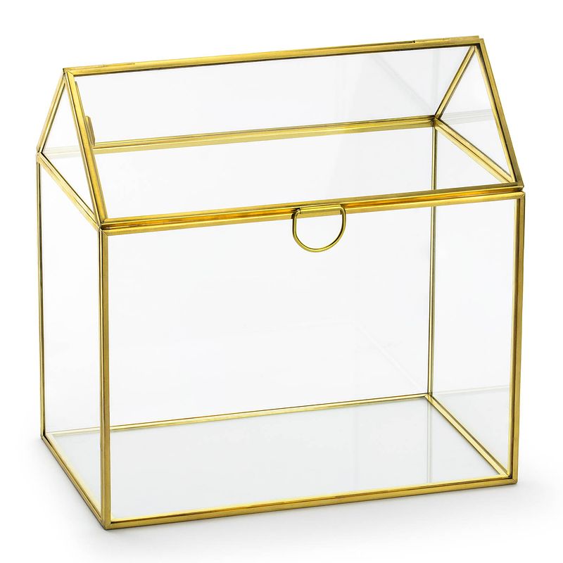 Foto van Enveloppendoos goud huisje - bruiloft - goud - glas/metaal - 13 x 21 cm - feestdecoratievoorwerp