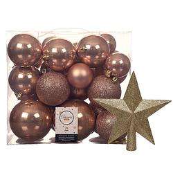 Foto van Kerstballen set 26x stuks kerstballen en ster piek toffee bruin kunststof - kerstbal