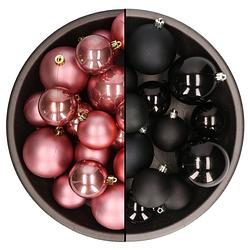 Foto van Kerstversiering kunststof kerstballen mix zwart/oud roze 4-6-8 cm pakket van 68x stuks - kerstbal