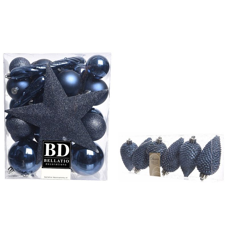 Foto van Kerstversiering kunststof kerstballen met piek donkerblauw 5-6-8 cm pakket van 39x stuks - kerstbal