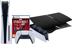 Foto van Playstation 5 slim disc edition + spider-man 2 +  covers zwart + oplaadstation