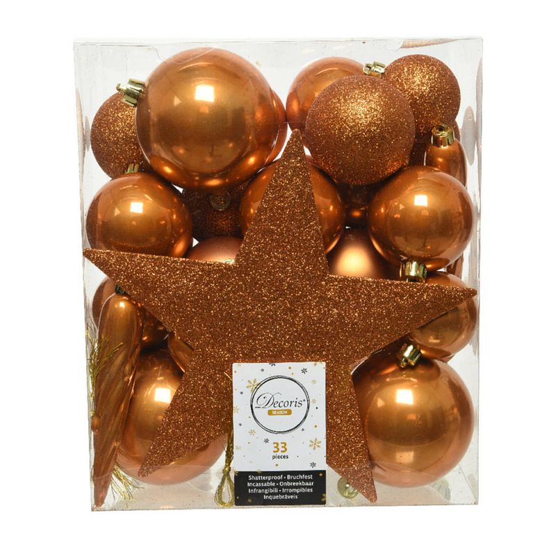 Foto van 33x stuks kunststof kerstballen met ster piek cognac bruin (amber) - kerstbal