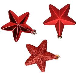 Foto van 6x stuks kunststof sterren kerstballen 7 cm rood glans/mat/glitter - kersthangers