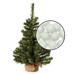 Foto van Kleine kunst kerstboom - h60 cm- incl. lichtsnoer met balletjes lichtgroen - kunstkerstboom