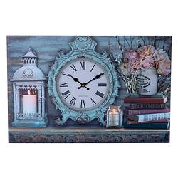 Foto van Xl canvas schilderij wandklok clock lantarn candle en flowers met klok