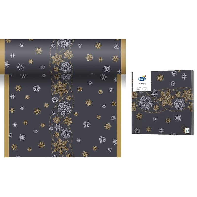 Foto van Kerst thema tafellopers/placemats zwart met glitter sneeuwvlokken 40x480 cm met 20x stuks servetten - tafellakens