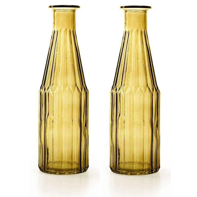 Foto van Jodeco - bloemenvaas marseille - 2x - fles model - glas - geel - h25 x d7 cm - vazen