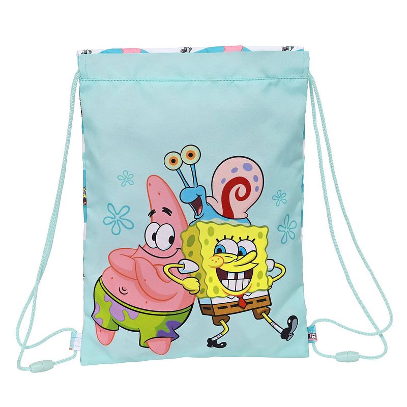 Foto van Rugtas met koordjes spongebob stay positive blauw wit (26 x 34 x 1 cm)