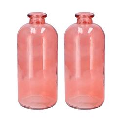 Foto van Dk design bloemenvaas fles model - 2x - helder gekleurd glas - koraal roze - d11 x h25 cm - vazen