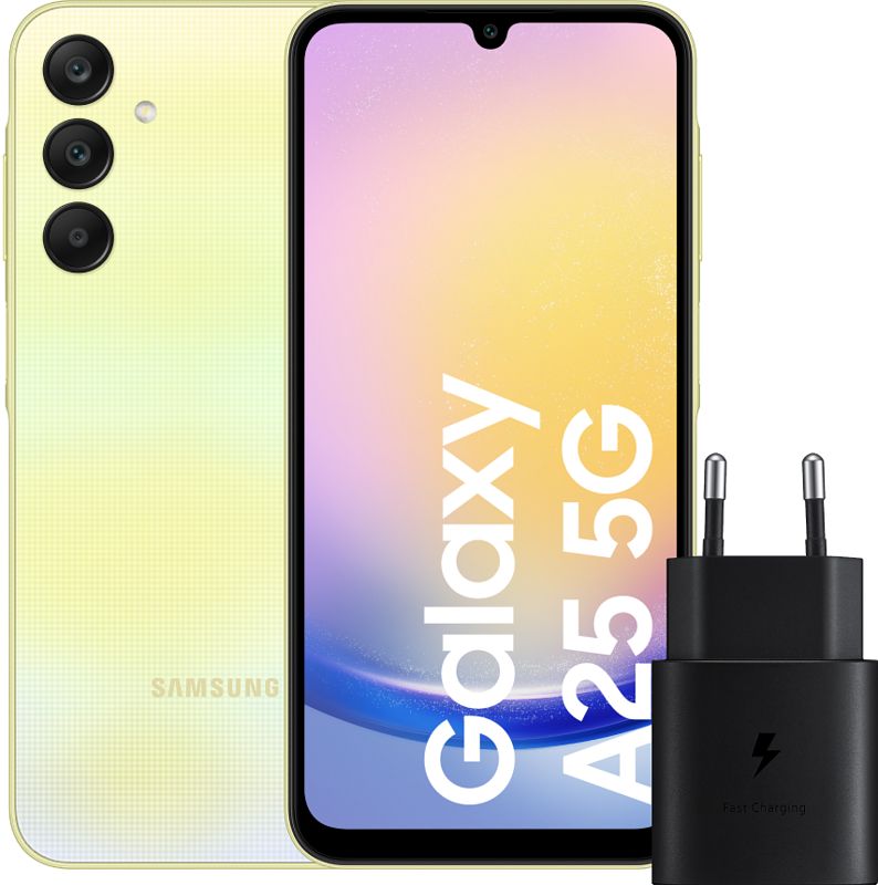 Foto van Samsung galaxy a25 128gb geel 5g + samsung oplader 25 watt zwart