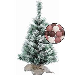 Foto van Mini kerstboom besneeuwd met verlichting - in jute zak - h60 cm - kleur mix rood - kunstkerstboom