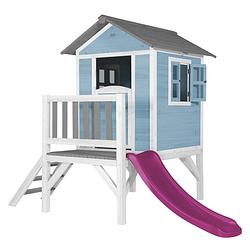 Foto van Axi speelhuis beach lodge xl blauw met paarse glijbaan speelhuis op palen met veranda gemaakt van fsc hout