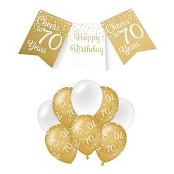 Foto van Paperdreams luxe 70 jaar feestversiering set - ballonnen & vlaggenlijnen - wit/goud - feestpakketten