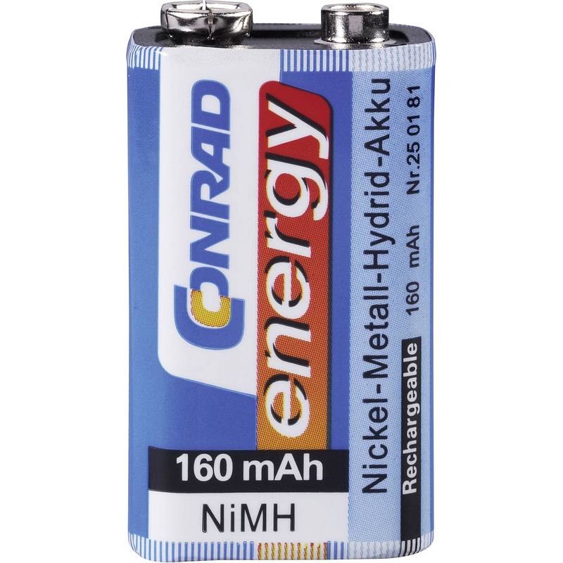 Foto van Conrad energy 6lr61 oplaadbare 9v batterij (blok) nimh 8.4 v 160 mah 1 stuk(s)