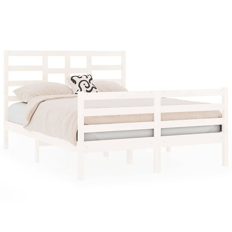 Foto van The living store bedframe - houten - wit - 195.5 x 146 x 104 cm - grenenhout - multiplex lattenbodem