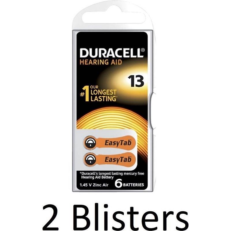 Foto van 12 stuks (2 blisters a 6 st) duracell batterij da13 hearing aid