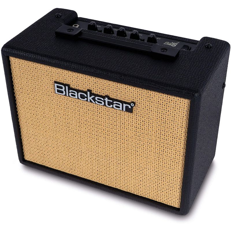 Foto van Blackstar debut 15e black 15w 2x3" vintage stereo combo gitaarversterker met delay en isf