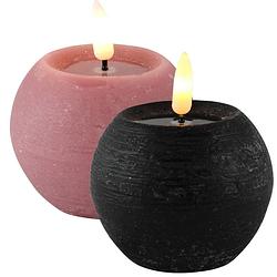 Foto van Led kaarsen/bolkaarsen - 2x- rond - zwart en roze -d8 x h7,5 cm - led kaarsen