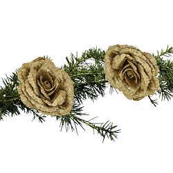 Foto van 2x stuks kerstboom decoratie bloemen roos goud glitter op clip 18 cm - kersthangers