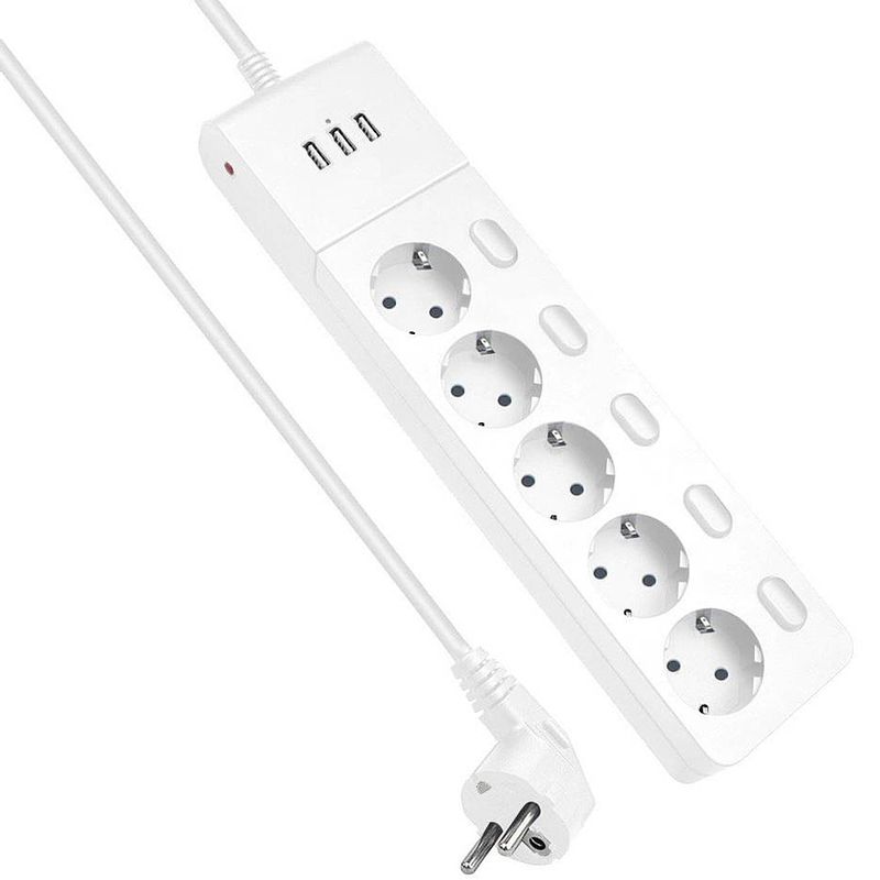 Foto van Stekkerdoos - 5-voudig - 3x usb a - schakelaar - 2 meter- overspanningsbeveiliging - wit - allteq