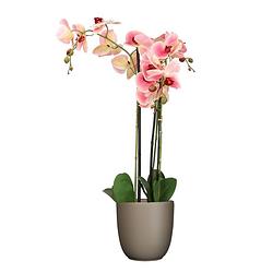 Foto van Orchidee kunstplant roze - 75 cm - inclusief bloempot taupe mat - kunstplanten