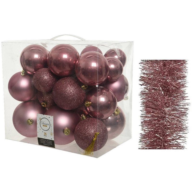 Foto van Kerstversiering kunststof kerstballen 6-8-10 cm met folieslingers pakket oud roze van 28x stuks - kerstbal