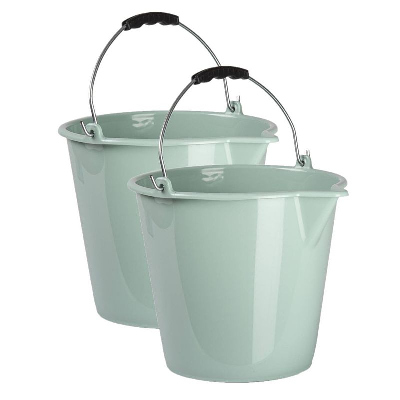 Foto van 2x stuks huishoud schoonmaak emmers kunststof mintgroen 9 liter inhoud 30 x 26 cm - emmers