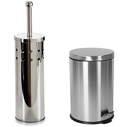 Foto van Toiletborstel houder zilver rvs 38 cm met pedaalemmer 3 liter - badkameraccessoireset
