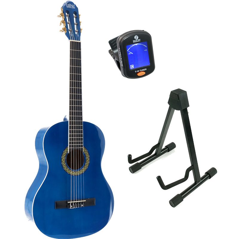 Foto van Lapaz 002 bl klassieke gitaar 4/4-formaat blauw + statief + stemapparaat