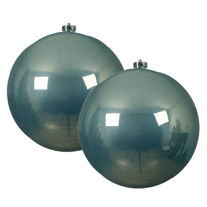 Foto van 2x stuks grote kunststof kerstballen lichtblauw 14 cm glans - kerstbal