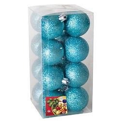 Foto van 16x stuks kerstballen ijsblauw glitters kunststof 5 cm - kerstbal